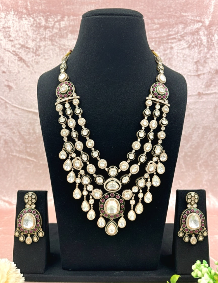 Noor-ul-Ain Three Layered Moissanite Polki Long Bridal Necklace Set
