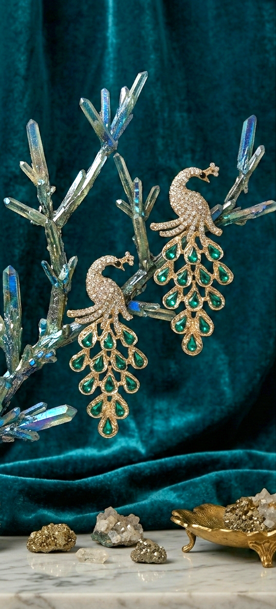 The Emerald Peacock Chandelier | Pavé Body & Jeweled Plume