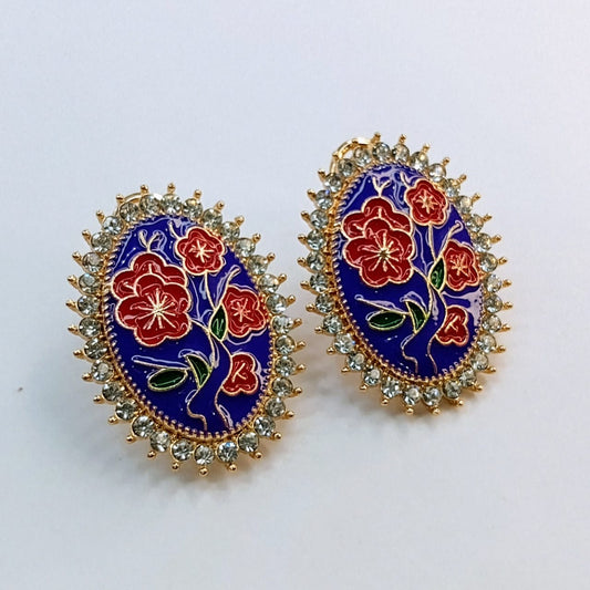 The Regal Enamel Bloom Studs | Oval Meenakari & Crystal Halo