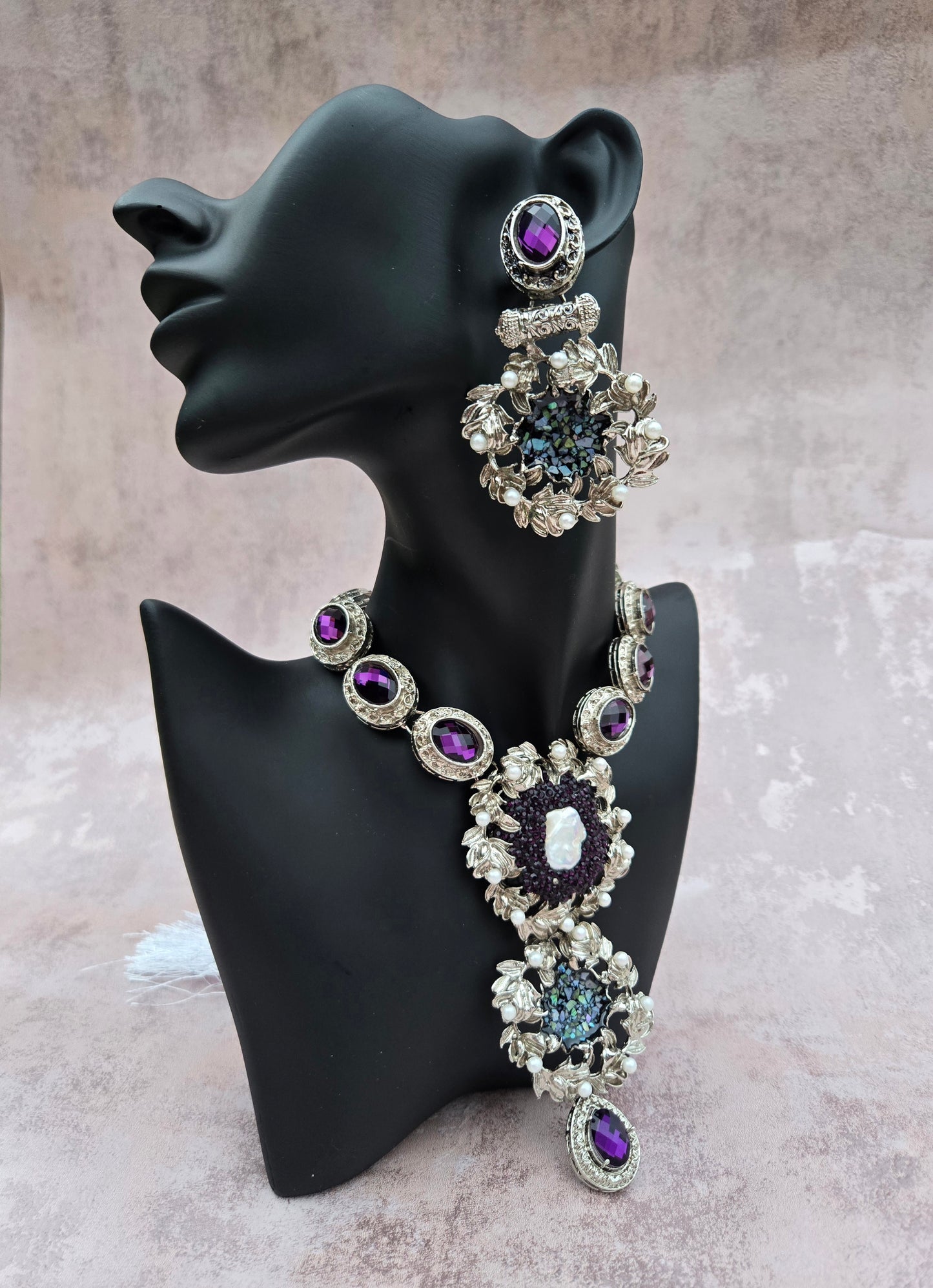 Royal Amethyst Bloom | Oxidized Silver & Purple Floral Mop Necklace Set