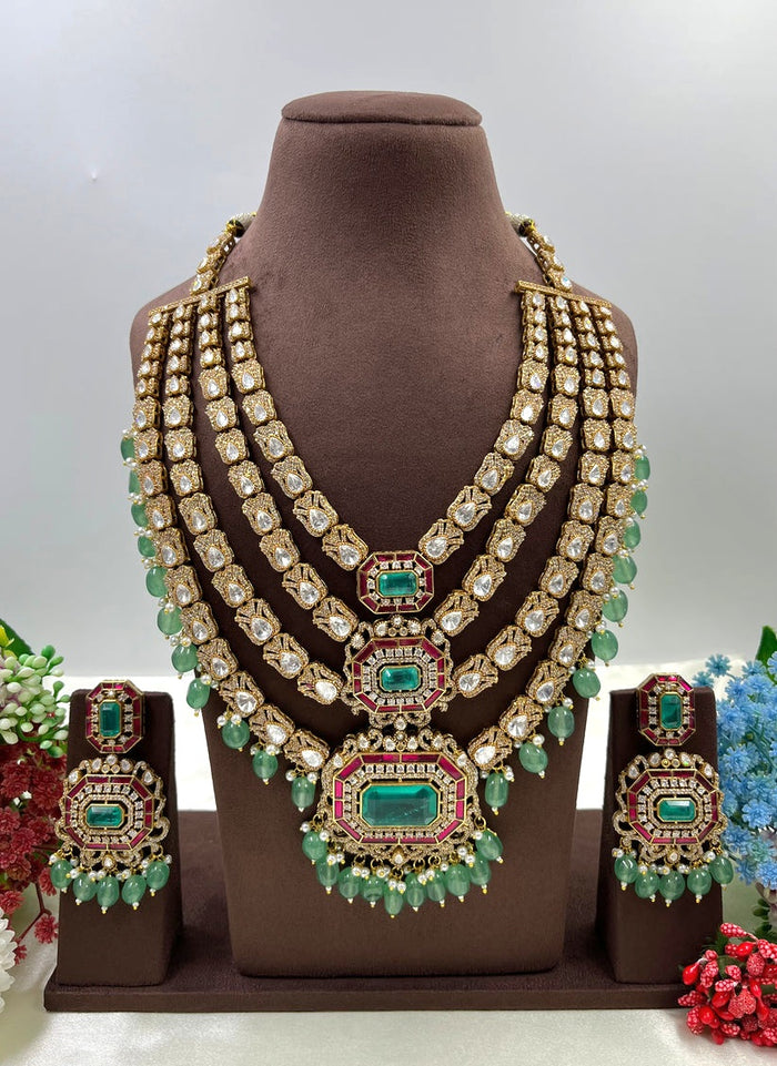 Nafasat Mint Doublet and Ruby Four Layered Moissanite Necklace Set
