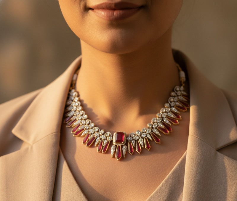 Ruby Red Doublet and Moissanite Necklace set