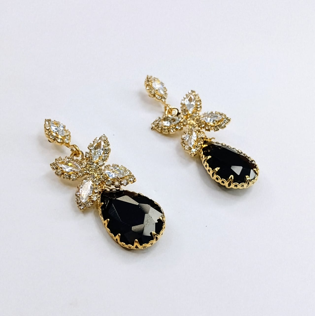 Elegance Petal Cluster & Teardrop Crystal Drop Earrings | Available in Pink, Green, Black, White & Red