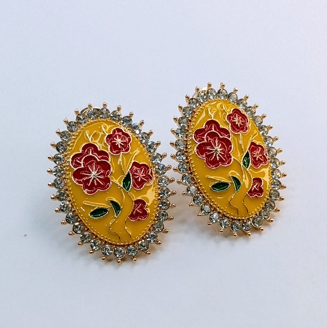 The Regal Enamel Bloom Studs | Oval Meenakari & Crystal Halo