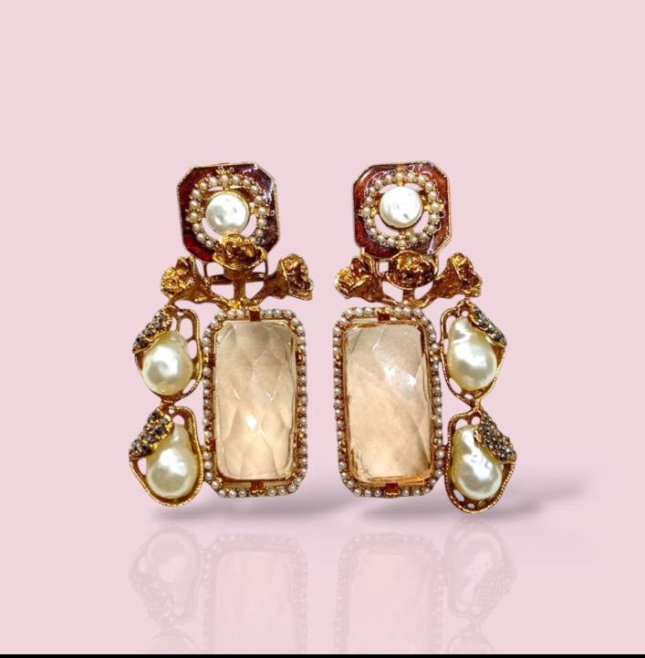 The Nizam Polki Window Drops | Rectangular Stone & Baroque Pearl Accents
