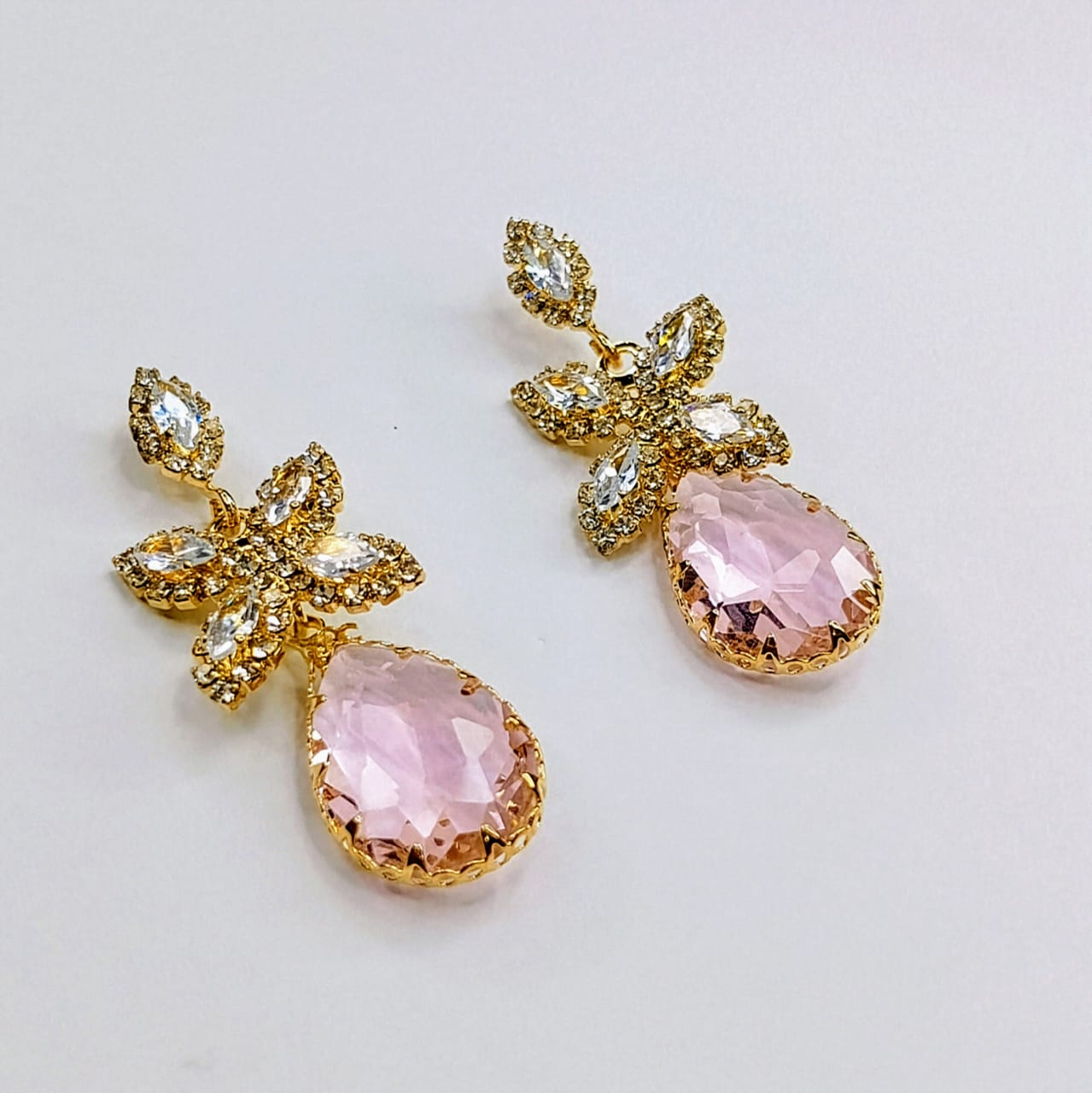Elegance Petal Cluster & Teardrop Crystal Drop Earrings | Available in Pink, Green, Black, White & Red