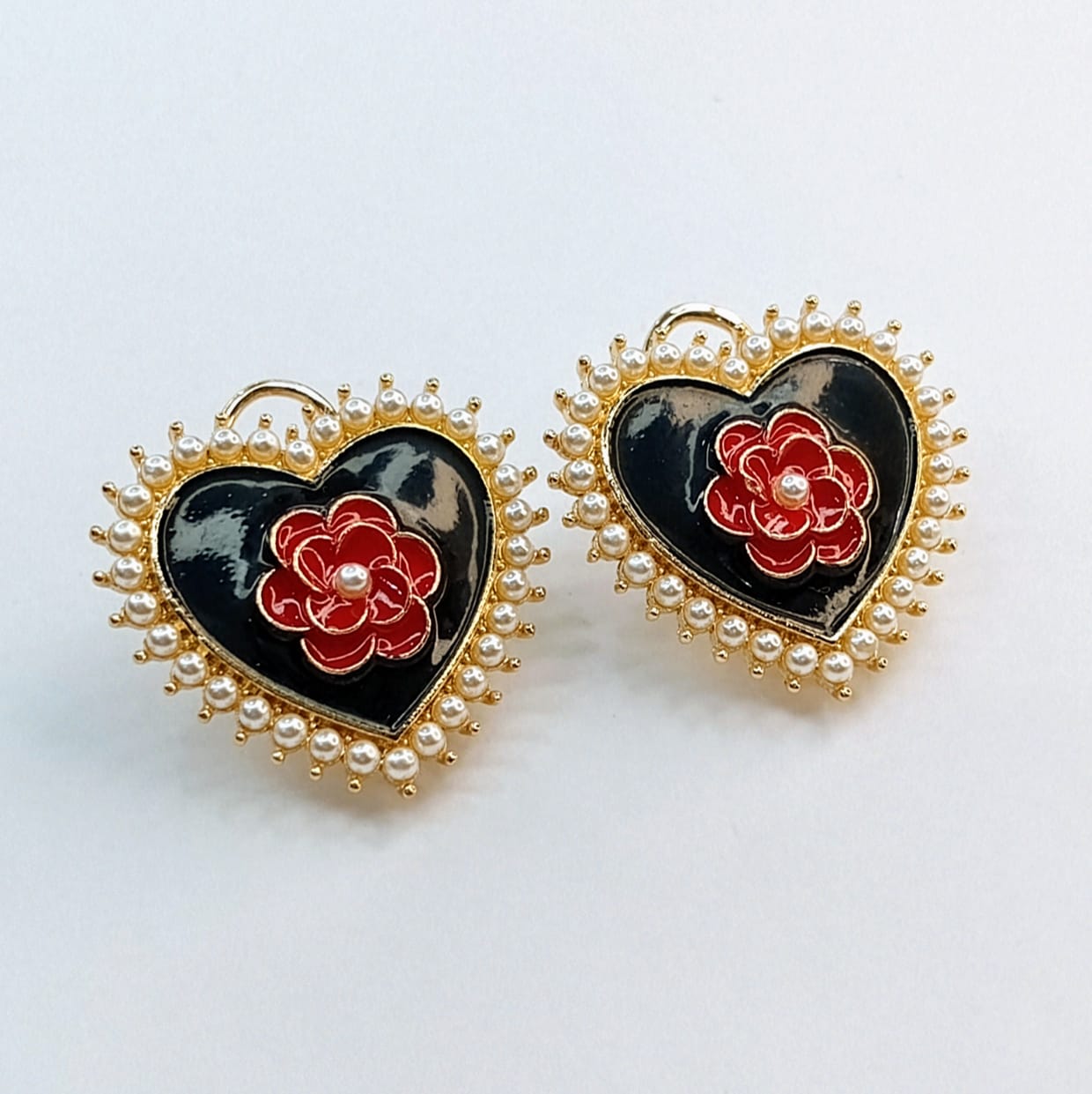 The Gothic Rose Heart Studs | Enamel & Pearl Halo