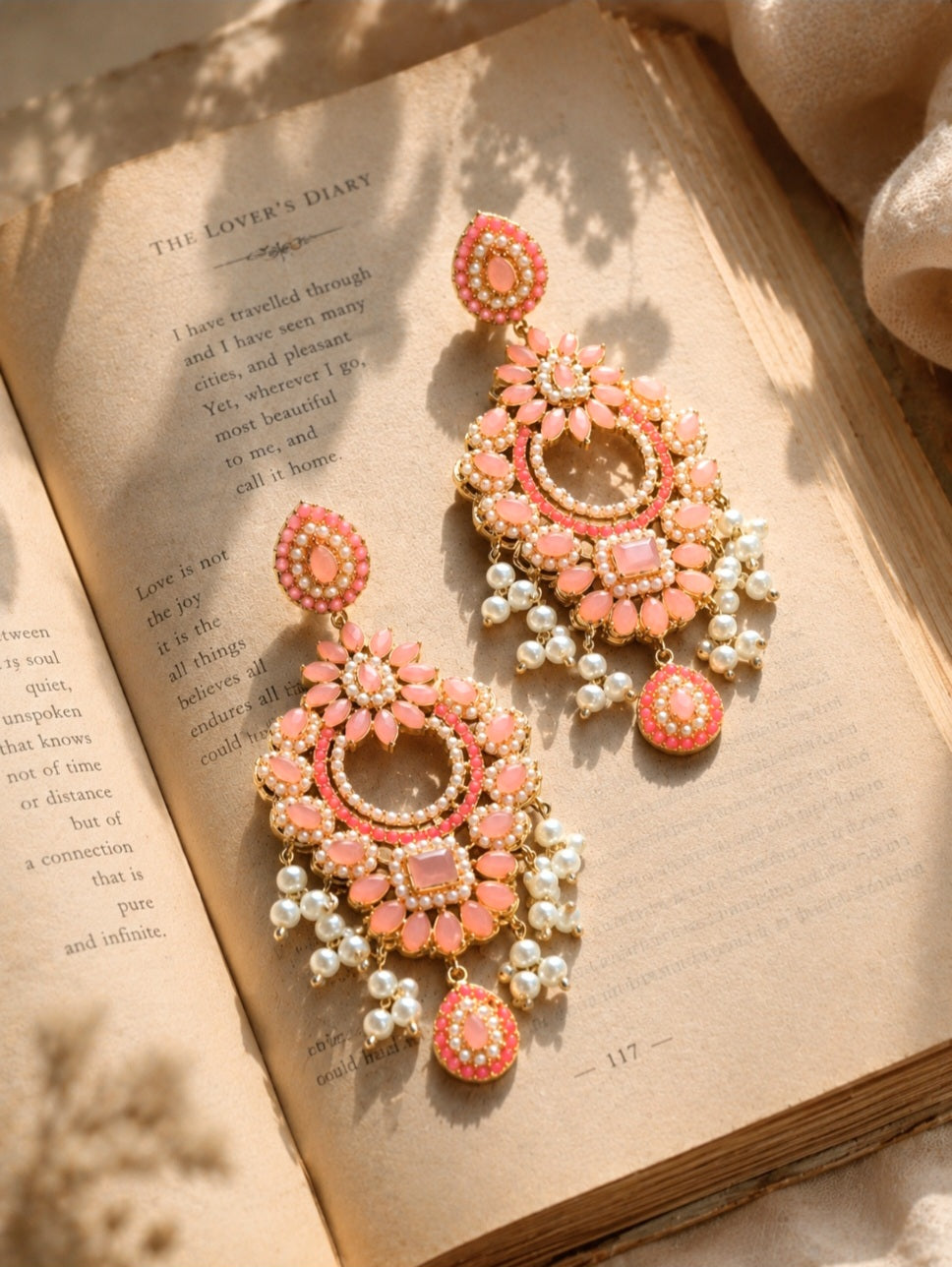 The Floral Chandelier| Peach and Mint Statement Earrings