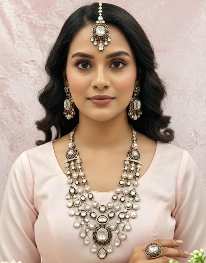 Noor-ul-Ain Three Layered Moissanite Polki Long Bridal Necklace Set