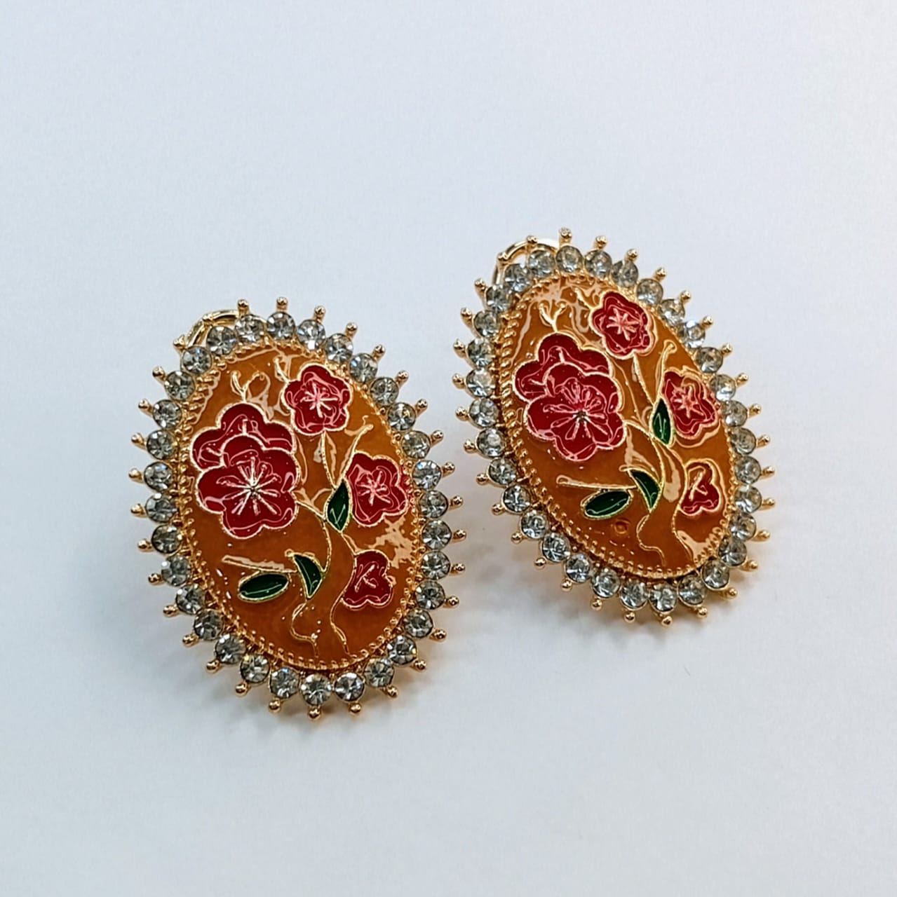 The Regal Enamel Bloom Studs | Oval Meenakari & Crystal Halo