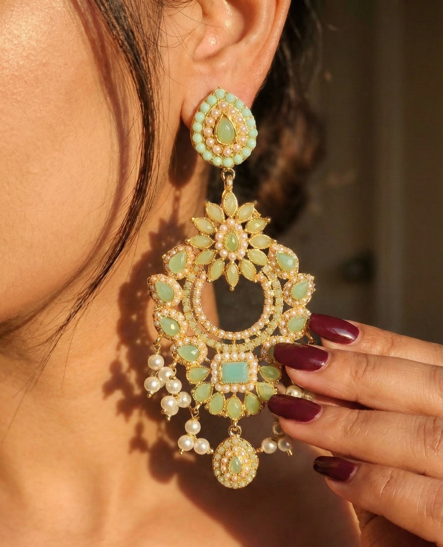 The Floral Chandelier| Peach and Mint Statement Earrings