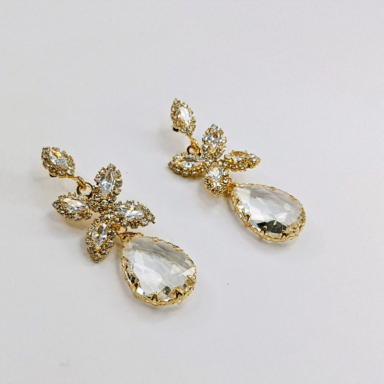 Elegance Petal Cluster & Teardrop Crystal Drop Earrings | Available in Pink, Green, Black, White & Red