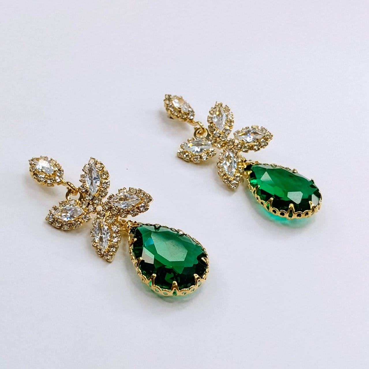 Elegance Petal Cluster & Teardrop Crystal Drop Earrings | Available in Pink, Green, Black, White & Red