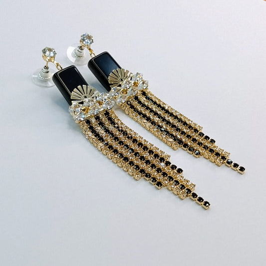 Art Deco Glamour Black Bar & Gold/Black Rhinestone Tassel Earrings