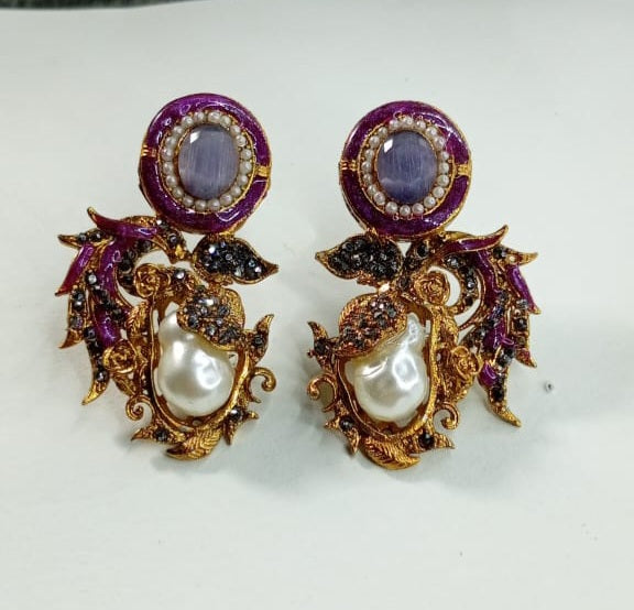 The Regal Amethyst Vine Drops | Sculpted Leafwork & Baroque Pearl