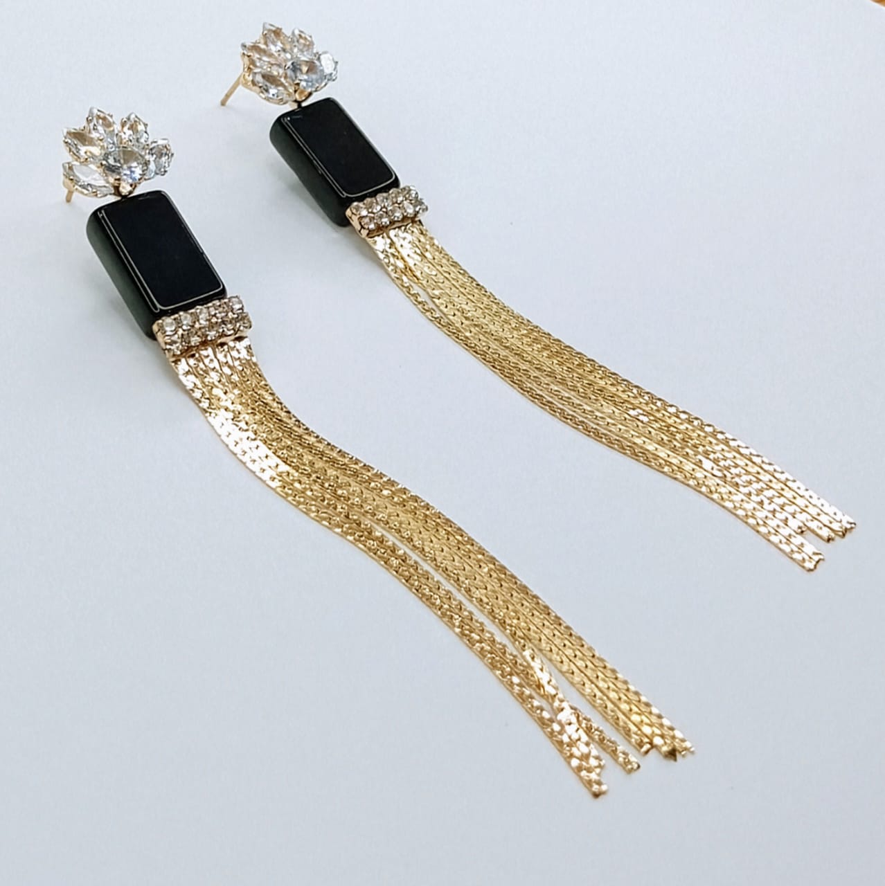 Black Onyx Bar & Gold Chain Tassel Drop Earrings