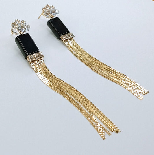 Black Onyx Bar & Gold Chain Tassel Drop Earrings