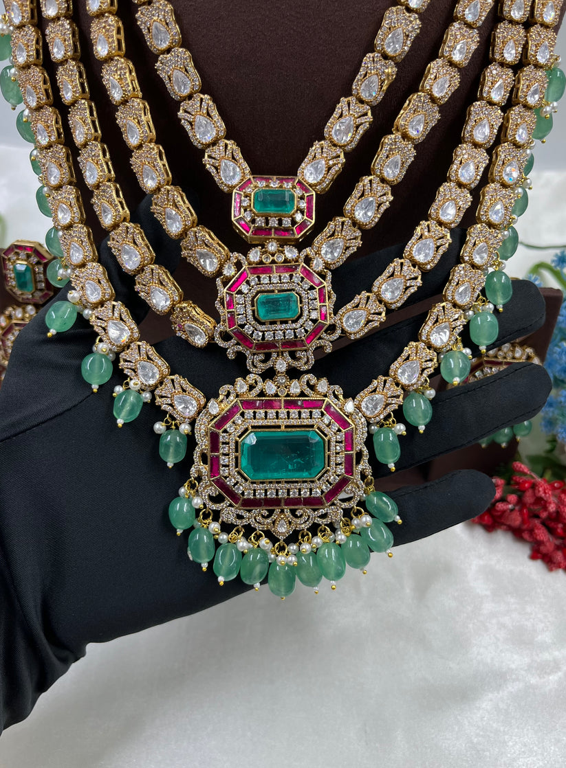 Nafasat Mint Doublet and Ruby Four Layered Moissanite Necklace Set
