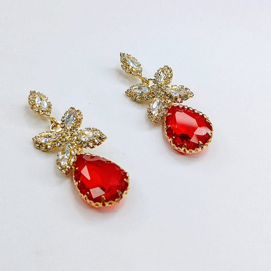 Elegance Petal Cluster & Teardrop Crystal Drop Earrings | Available in Pink, Green, Black, White & Red